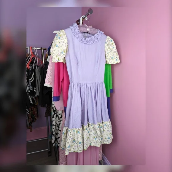 Vintage Handmade Purple Floral Ruffle Neck Short Sleeve Dress - Picture 5 of 7